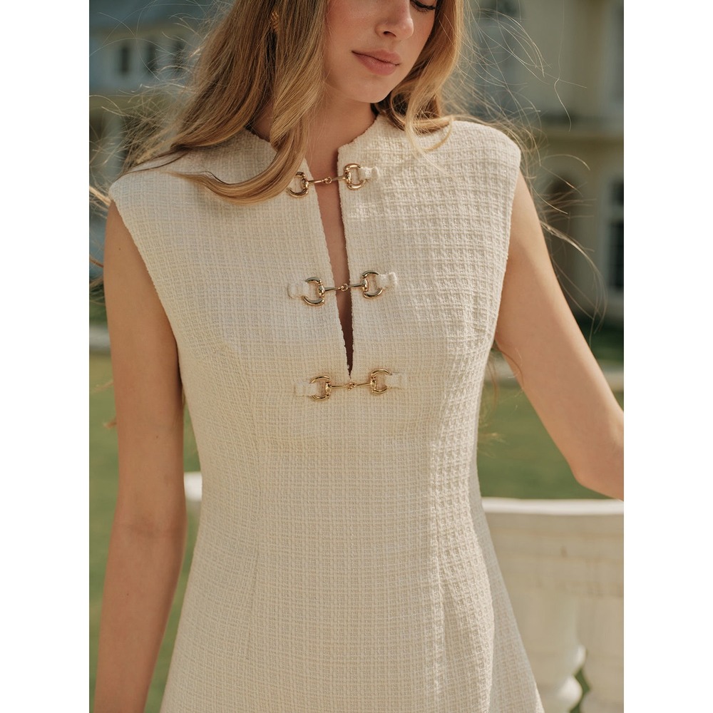 Commense Cream Tweed Mini Dress Gold Horsebit Hardware NWT Size M - Picture 5 of 9